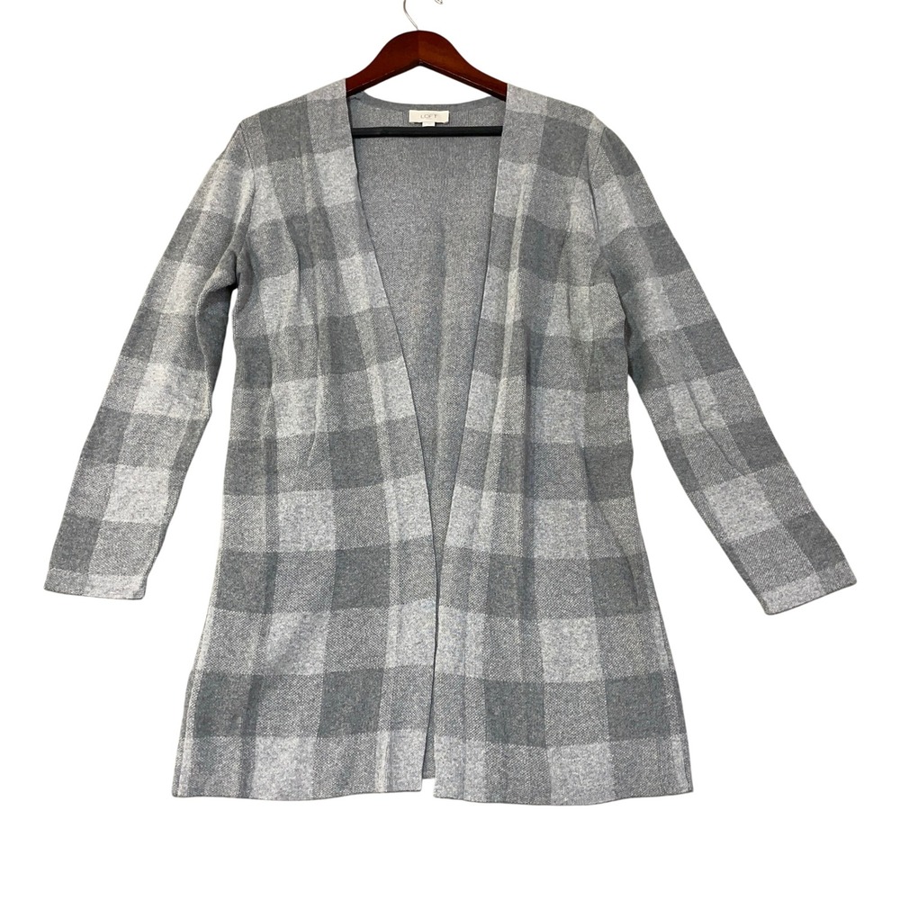 LOFT Women's M Gray White Plaid Open Front Cardigan Cotton